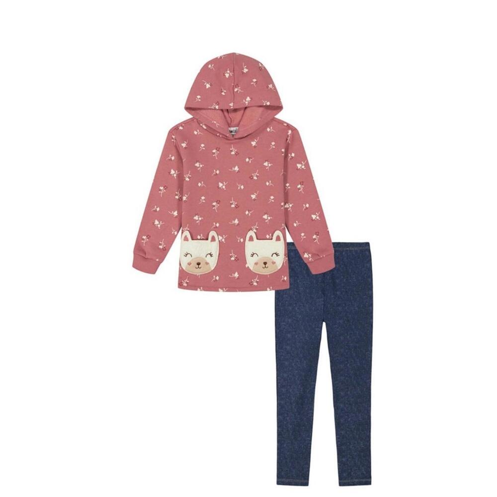KIDS HEADQUARTERS Baby Girl Printed Fleece Kitty Pocket Hooded Tunic Jeggings